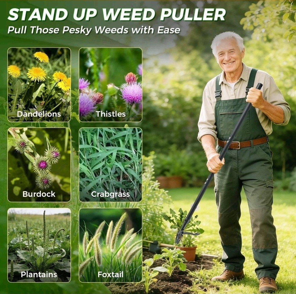 Weed Puller, Stand Up Weed Puller Tool with Steel Long Handle 4-Claw Steel H...