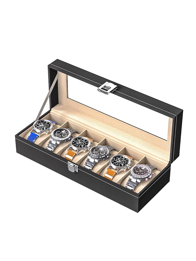 Ausalivan Watch Display Case For Men,Leather 6 Slots, Black Leather