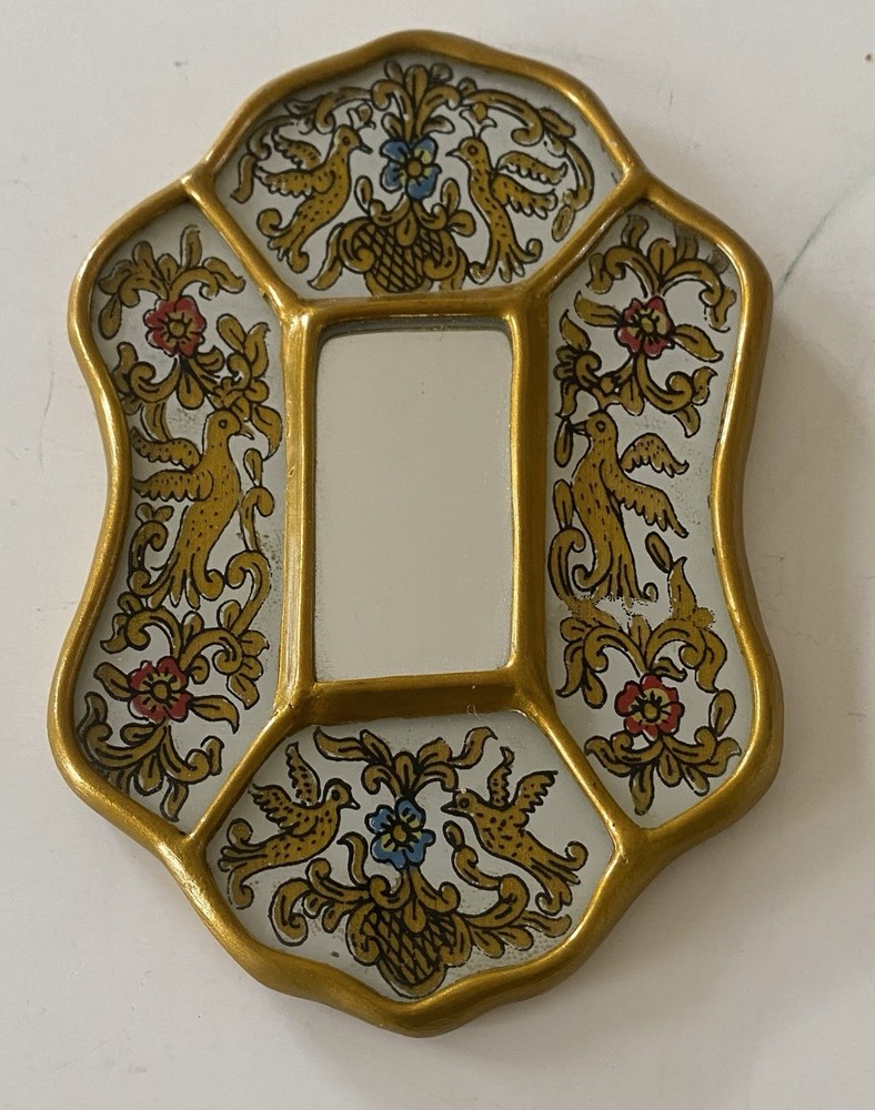 Vintage Mid-Century Mini Peruvian Hand-Painted Wooden Wall Mirror Flowers