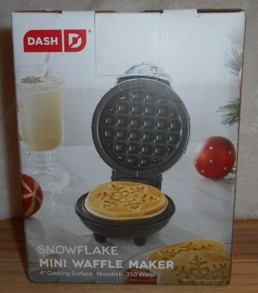 DASH WHITE CANDY CANE 4" MINI SNOWFLAKE SHAPE WAFFLE MAKER COMPACT NEW