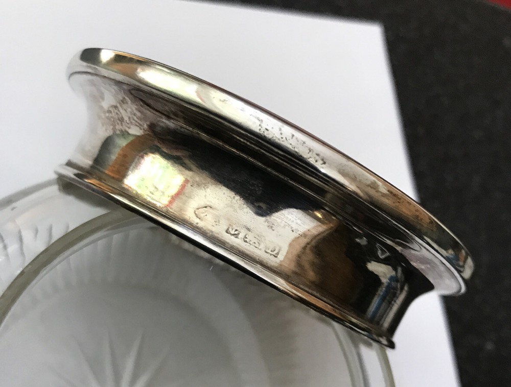 HM Hallmarked Solid Sterling Silver Glass Engine Turned Dressing Table Pot Box