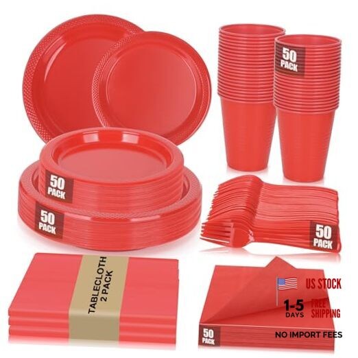 Plastic Plates Tableware Set - 50 Guest - 7&9inch 50 Guests Red