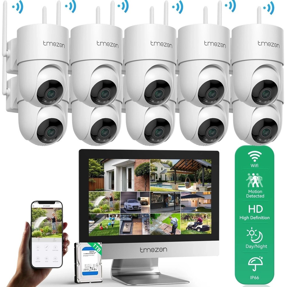 3MP Wireless Security Camera System 10CH NVR 12''Monitor PTZ Waterproof CCTV