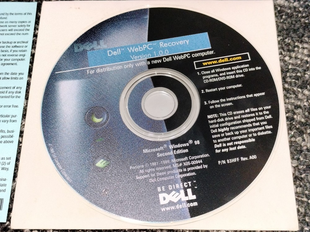 Dell WebPC product Recovery CD Version 1.0.0 Microsoft 98 Second Edition