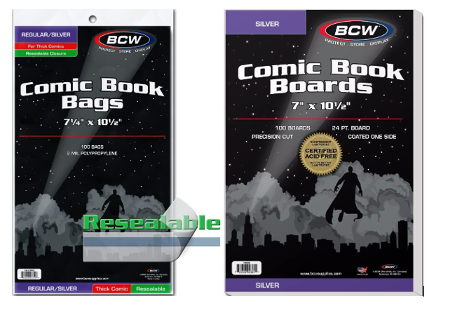 (10 pack) BCW Silver Comic Book Bags (Resealable/Thick) and Backing Boards