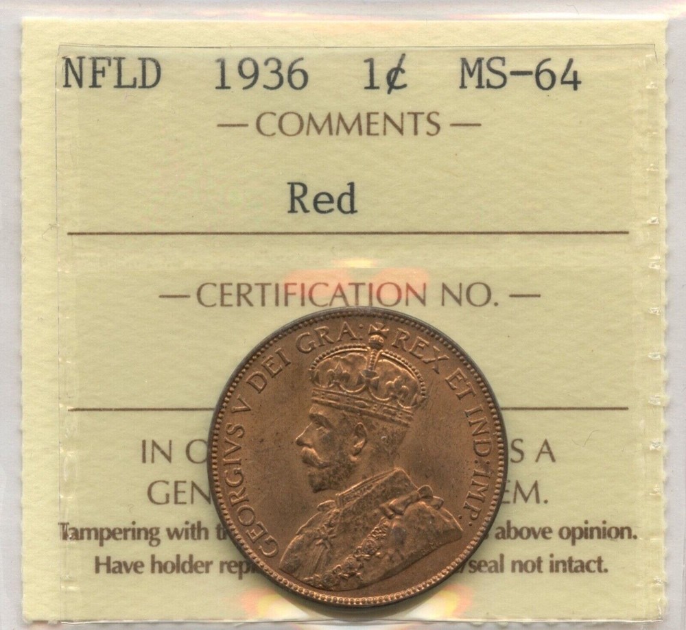 1936 Newfoundland One Cent - ICCS MS-64, Red.