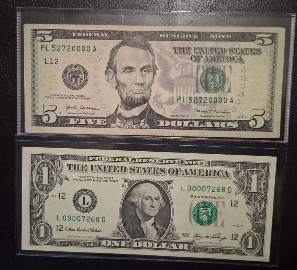 US ONE and FIVE DOLLARS 2006-2017 LOW SERIAL NUMBER VF