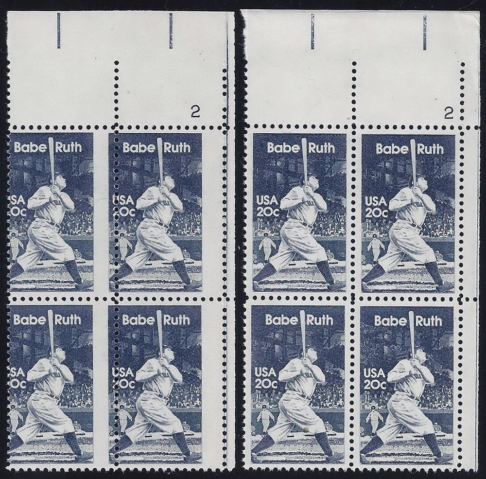 2046 - Scarce Misperf Error / EFO Pl# Block "Babe Ruth" Baseball Mint NH