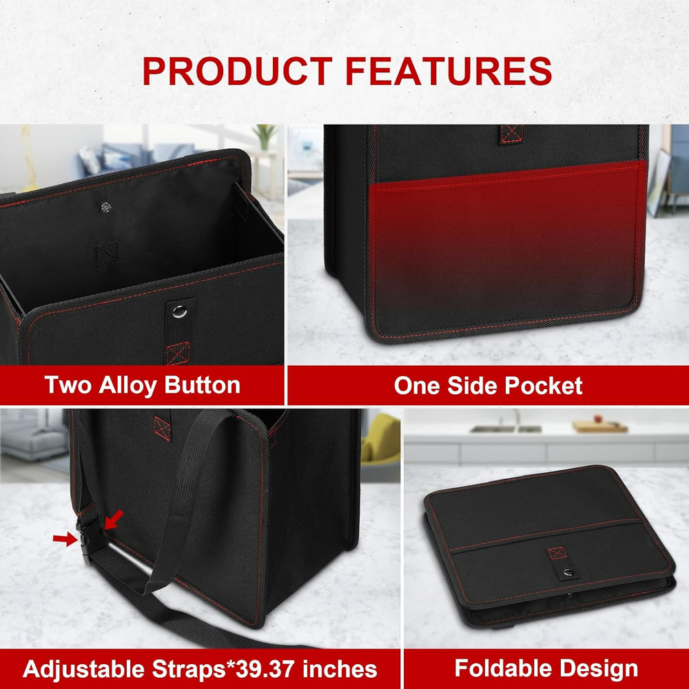 Foldable Car Trash Can with Storage Pockets, Car Garbage Can with Adjustable Str