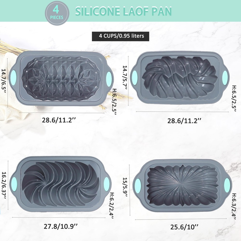 4 Pack Silicone Loaf Pan Nonstick Bread Baking Mold Kitchen Bakeware Set