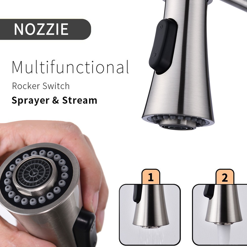 Pull Down Kitchen Sink Faucet Swivel Single Handle with Deck Plate Brushed