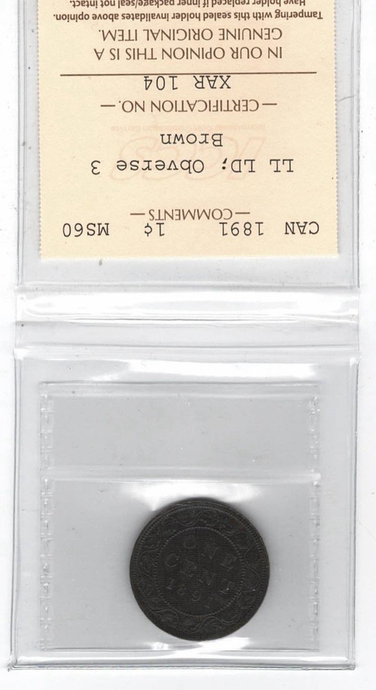 1891 Canada 1 Cent LLLD Obverse 3 - ICCS MS60 - XAR 104