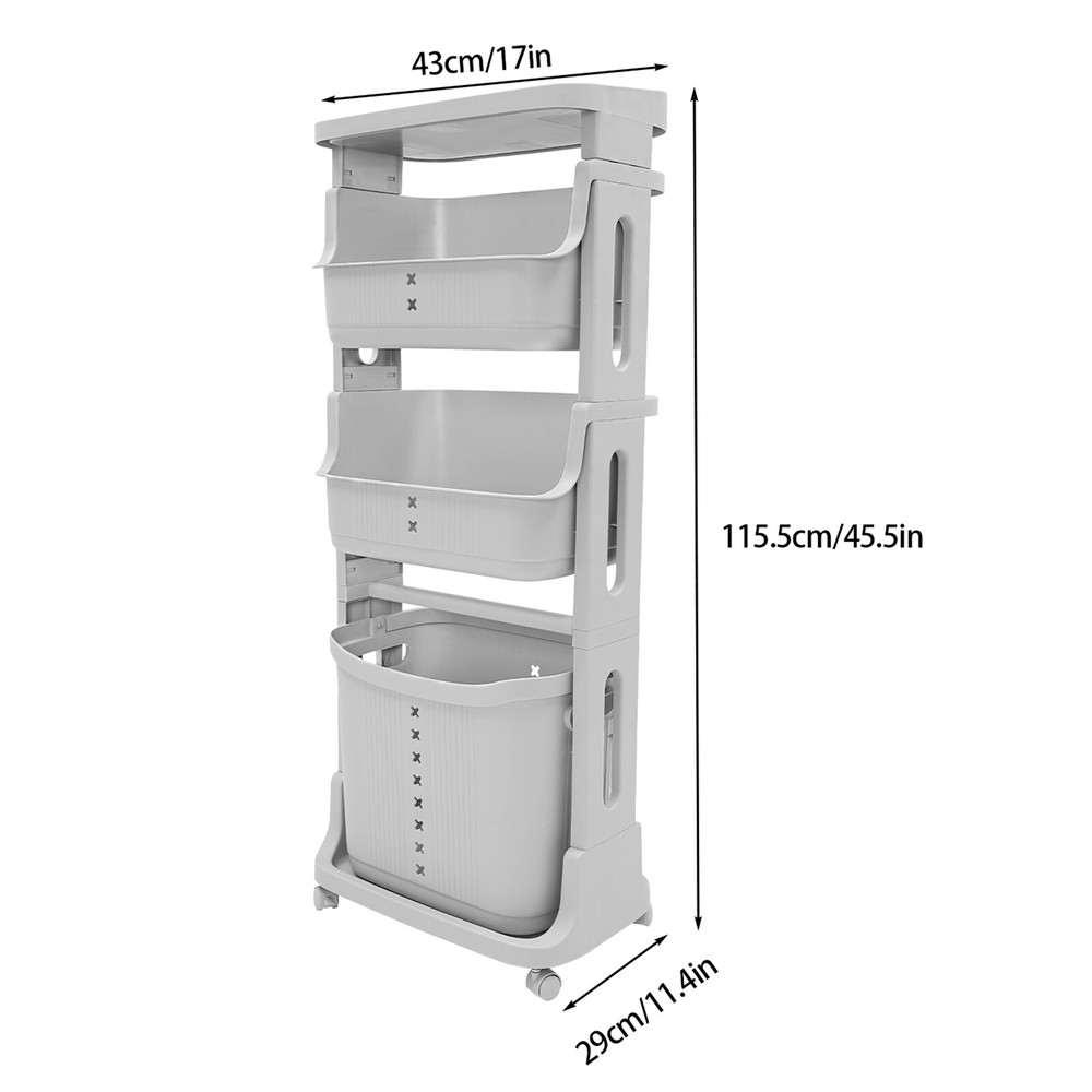 4-Tier Rolling Plastic Laundry Basket Removable Laundry Hamper w/ Wheels Gray