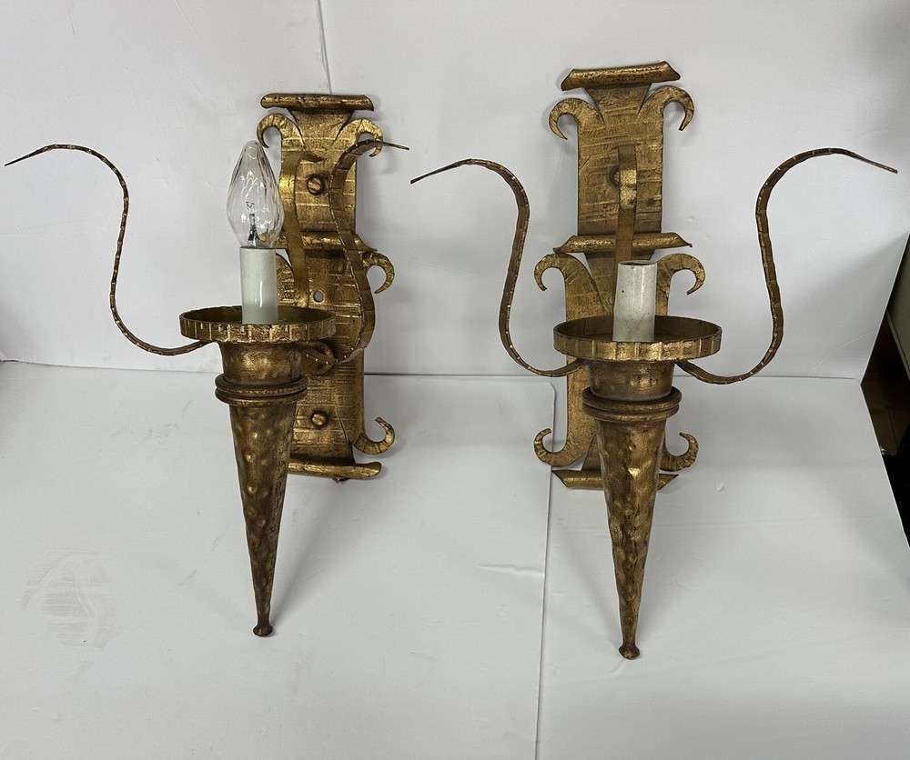 VINTAGE NEOCLASSICAL GOTHIC HAMMERED IRON GILT WALL SCONCES PAIR!!