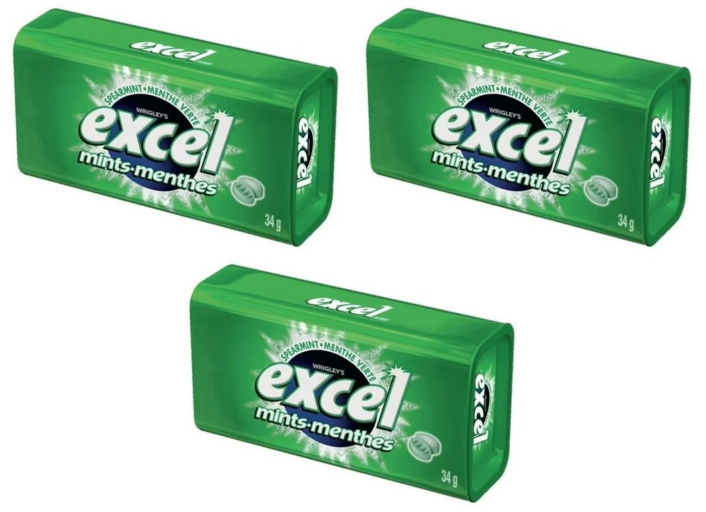 EXCEL, Spearmint Flavored Mints, 1 Tin, 34g (3 Pack)