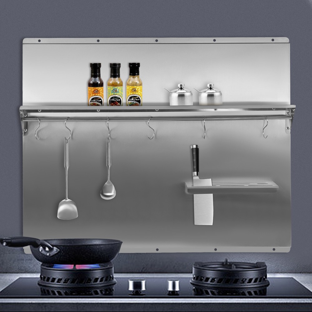 Range Backsplash Stainless Range Hood Wall Shield Splash Plate w/ Storage Shelf
