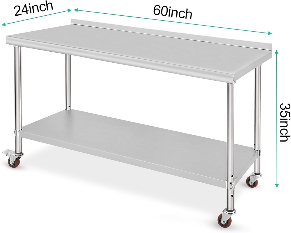 Stainless Steel Kitchen Prep Table with Casters & Backsplash
