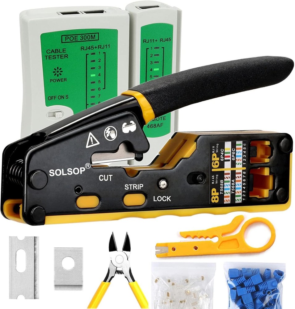 Complete RJ45 Crimping Kit - Includes Cable Tester, Connectors & Ergonomic Tool
