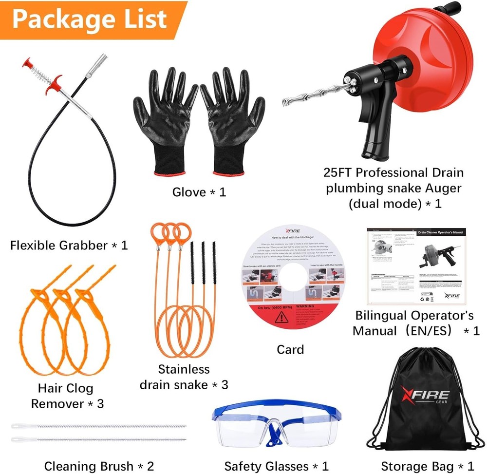 25FT Professional Drain Snake Plus Safety Gear – Ultimate Clog Clearing Solution