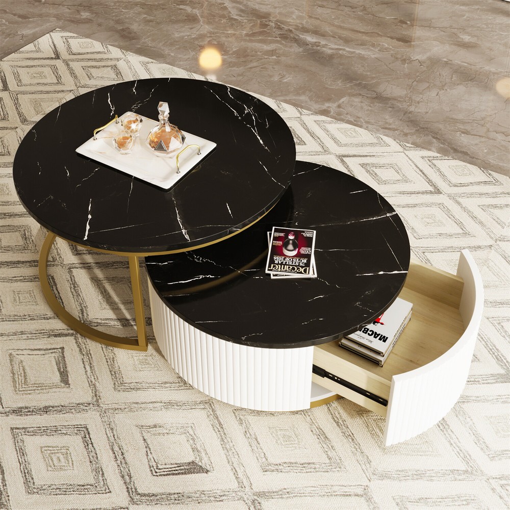 Modern Round Nesting Coffee Table Center Cocktail Table End Table with Drawers