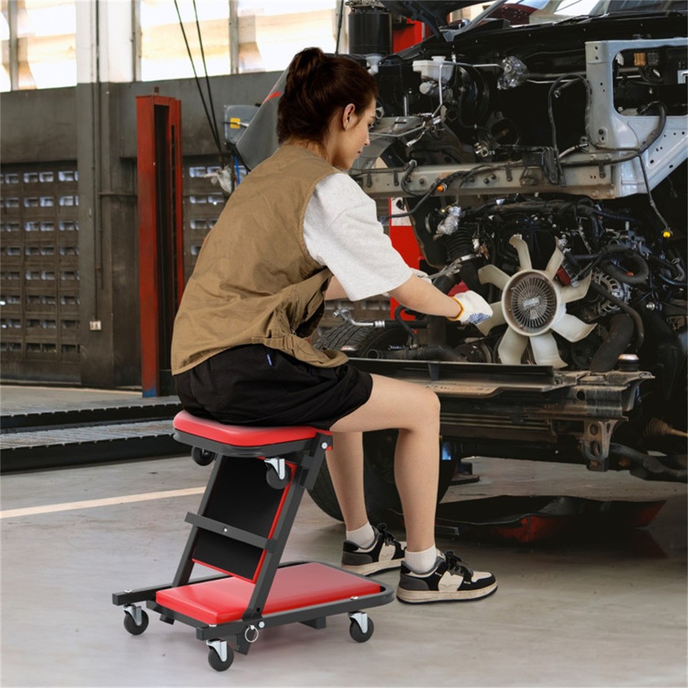 Rolling Foldable Mechanic Stool 6 Wheels Padded Seat 2-in-1 Garage Workshop