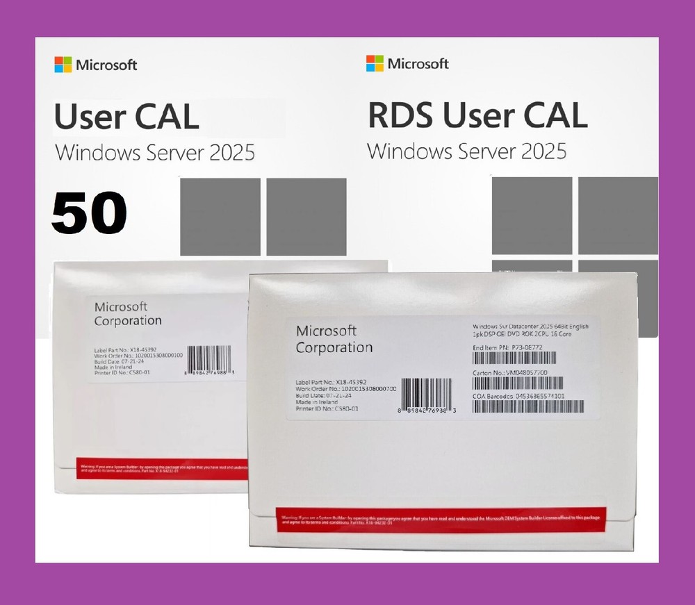 Windows Server 2025 Standard | Datacenter 16 48 Core DVD OEM Pack + RDS + CALs