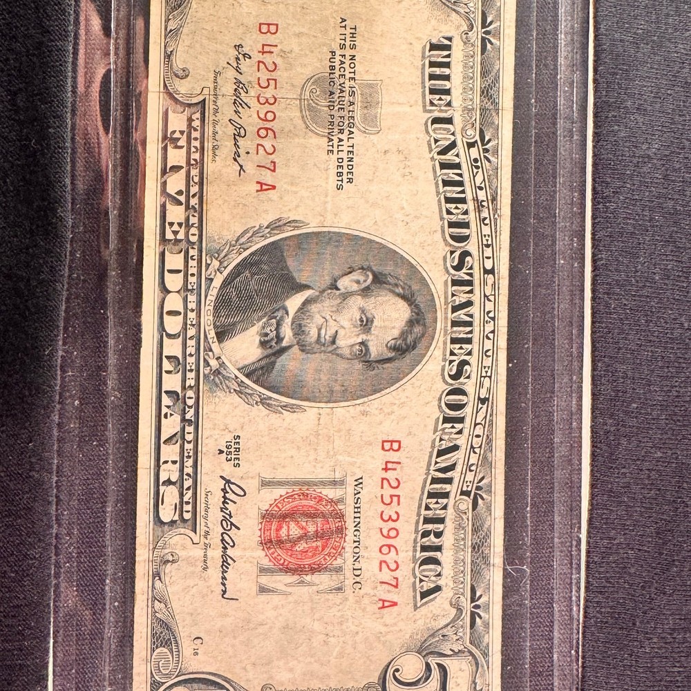 VINTAGE,ERROR MISCUT 1953 Five RED SEAL NOTE