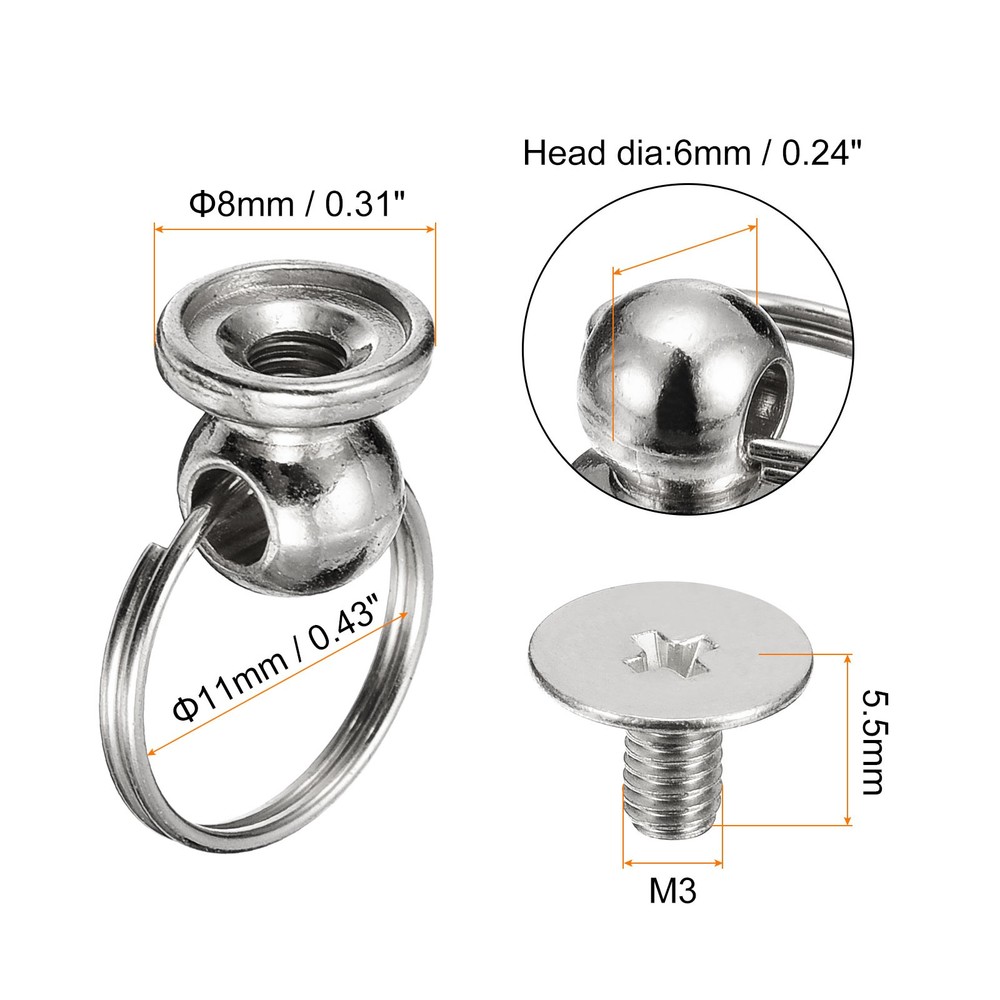 6x8mm Ball Head Stud Rivets Screw Back with Double Split Ring, 12Pack, Silver