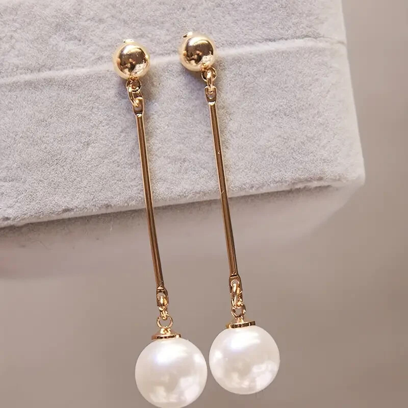 Long Chain Pearl Dangle Earrings Alloy Plastic Elegant Minimal Style Drop