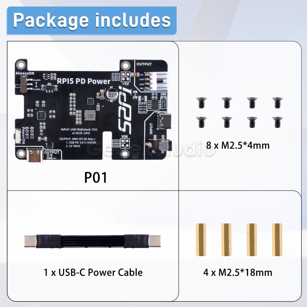 RPi 5 PD Power Expansion Board for Raspberry Pi 5 Always-ON switch