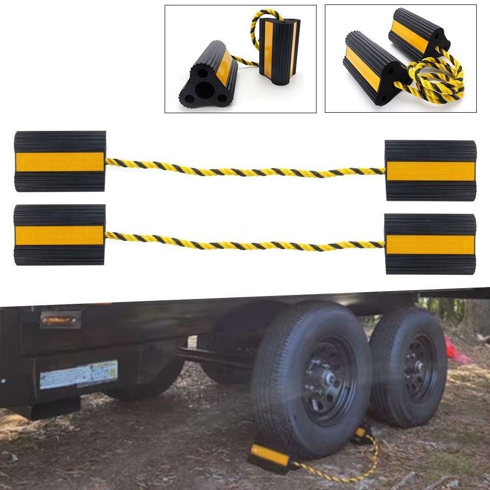 4 PCS Rubber Wheel Chocks w/ Rope For RV Trailer Camper Car Truck Aircraft Boat