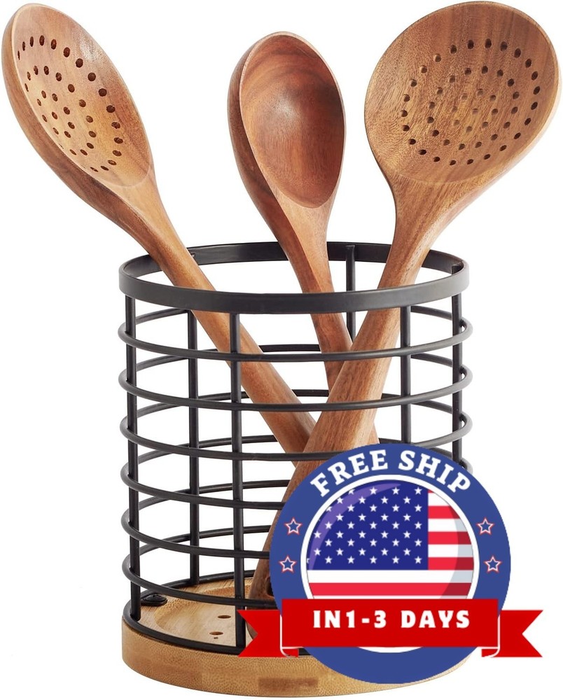 Portautensilios Cocina 5.2x5.2x6Pulg Redondo Base Madera Negro Metal Organizador