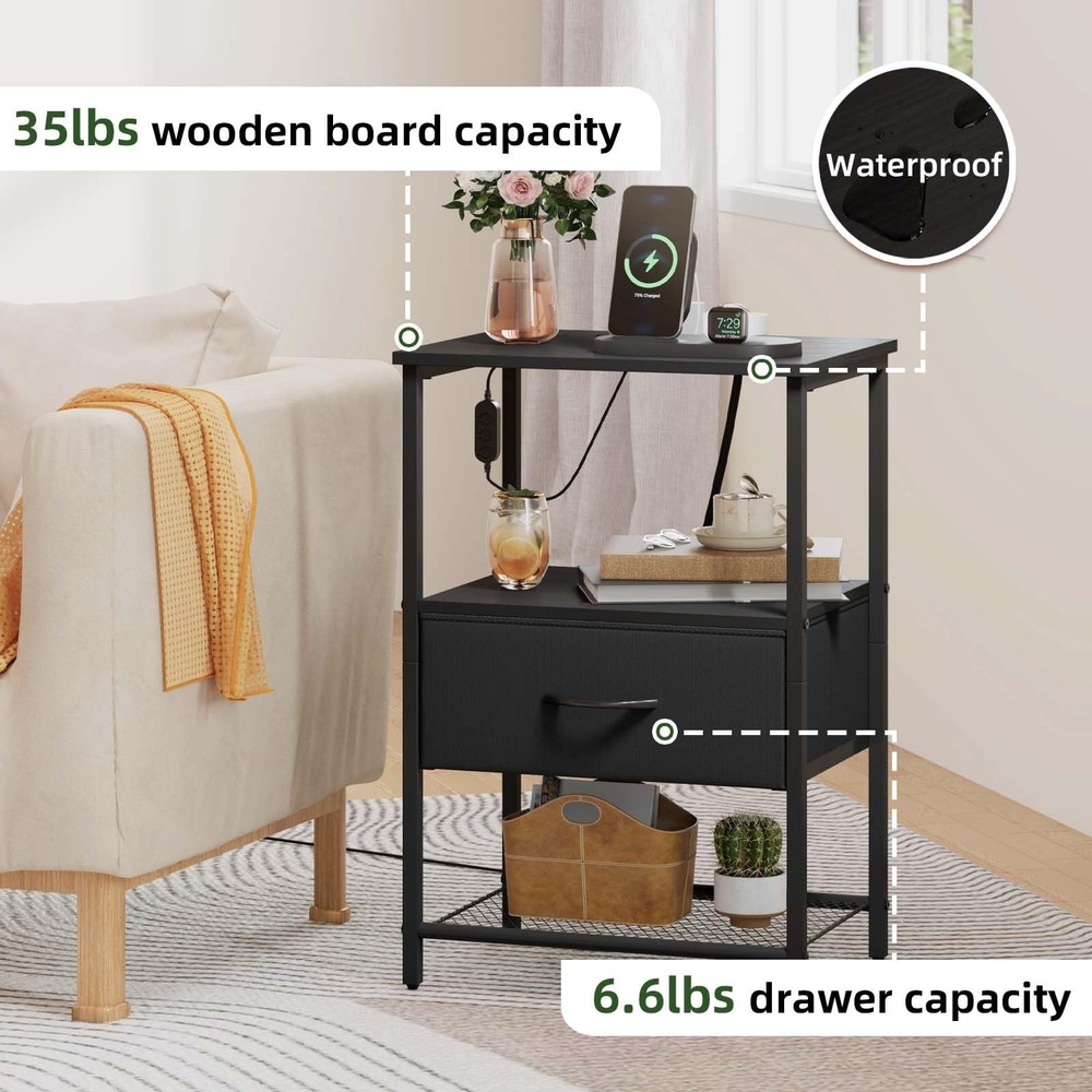 Somdot Nightstand w/Charging Station & LED; Bedside Table