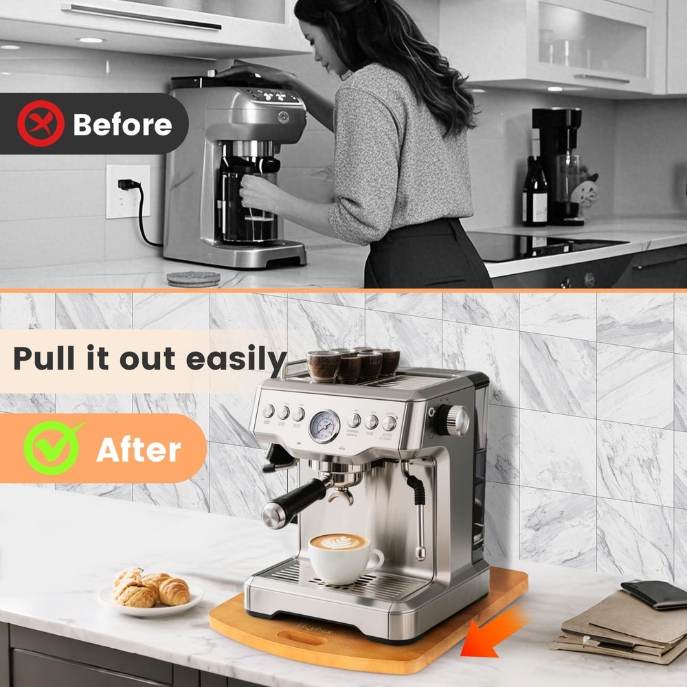 Solid Wood Sliding Tray for Coffee Maker-Appliance Slider with 360° Rubber