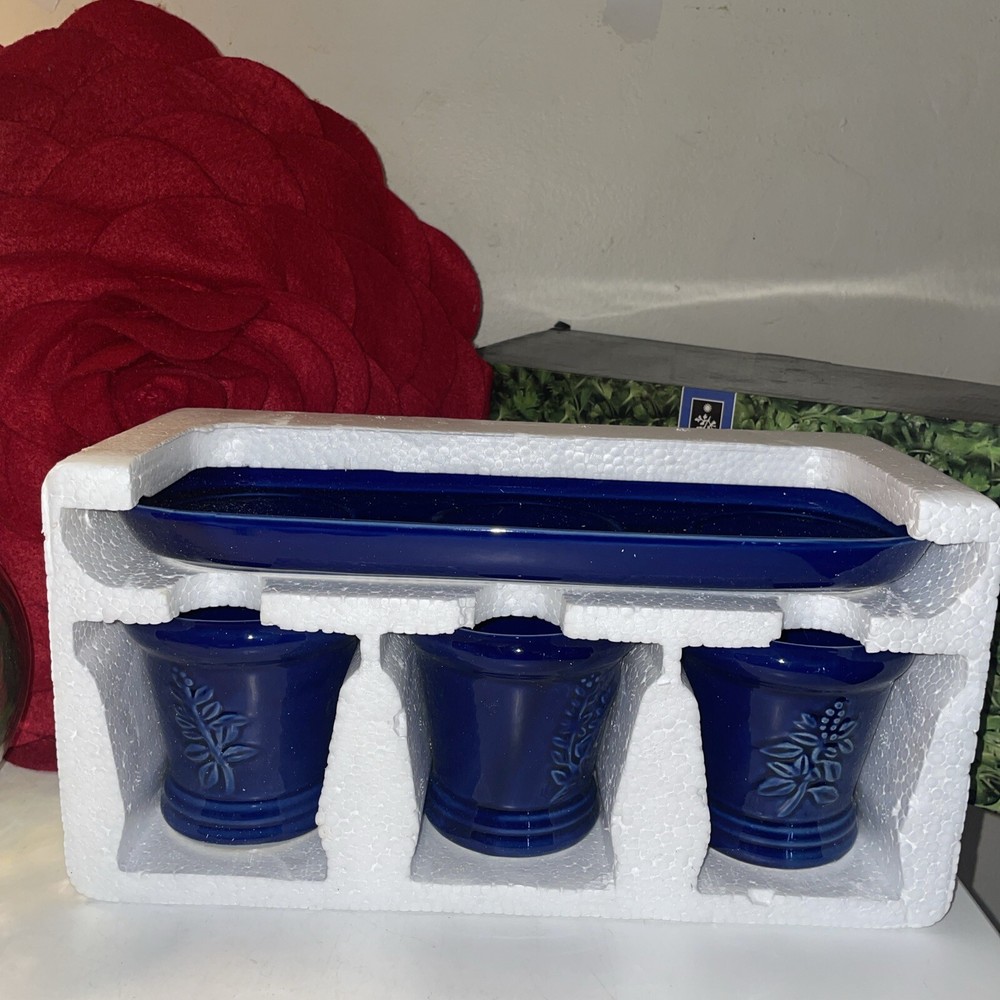 3 Cobalt Blue Succulent Ceramic Planters on Matching Base 3 3/4" Embossed