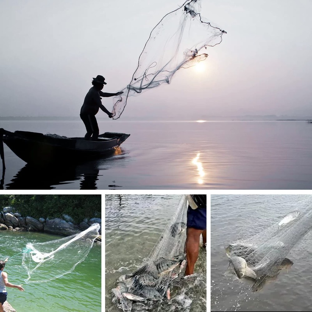 Cast Net, 3/8 Inch Mesh Size Throw Cast Net 6Ft Radius with Real Metal Sinker...