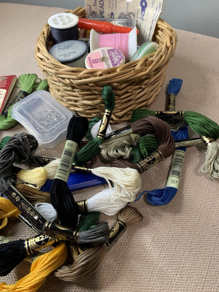 Small Wicker Basket Full If Sewing Supplies