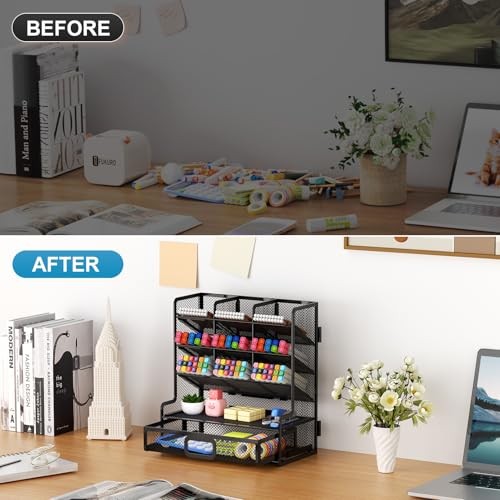 Larger Mesh Desk Organizer with Drawer, Multi-Functional Pen Pencil Black