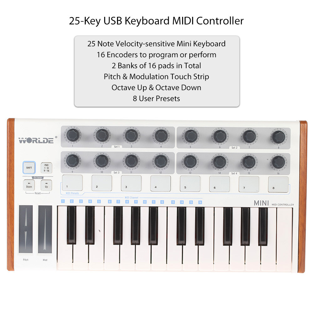 Worlde Keyboard Controller Mini 25-Key USB MIDI Drum Pad Instruments Electronic