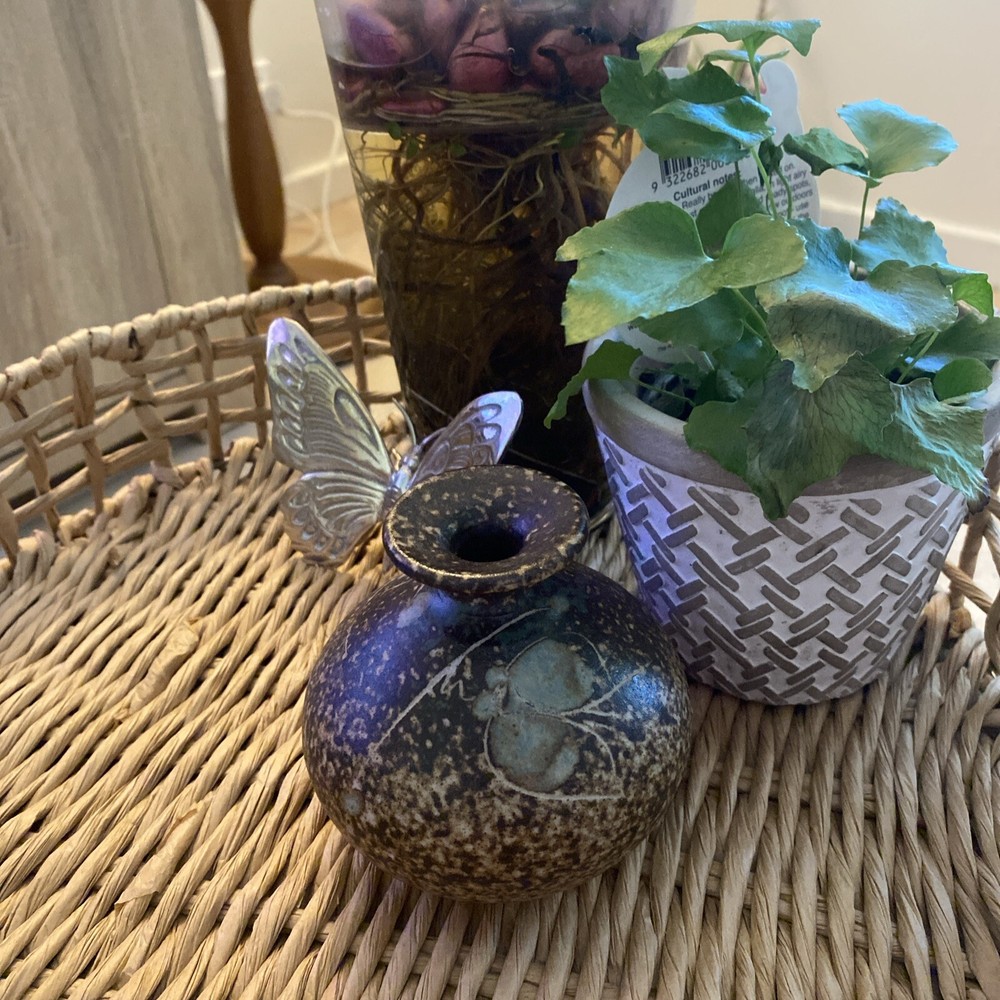 Artisan Studio Pottery Unique Brown Bulb Vase, Glazed Inside,Leaf Design, Signed