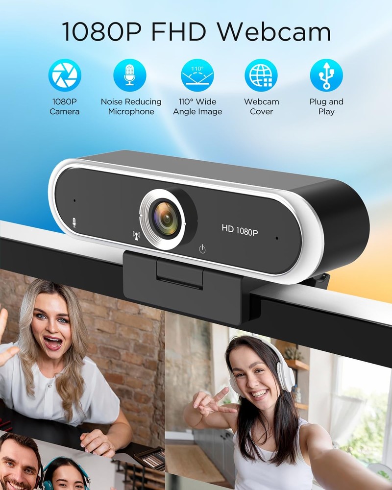 1080P Webcam w Microphone USB Camera Auto Light Correction