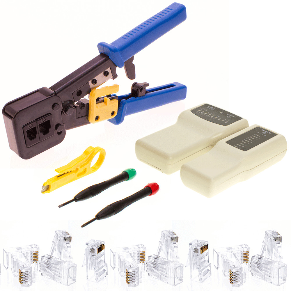 Cat5e RJ45 Network Modular Plug Connector Crimp Tool End Pass Through Tester Kit
