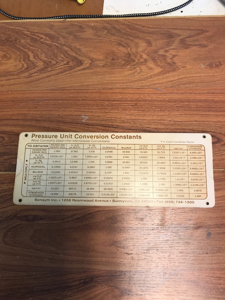 SenSym Pressure Conversion Slide Calculator Chart Slide Rule