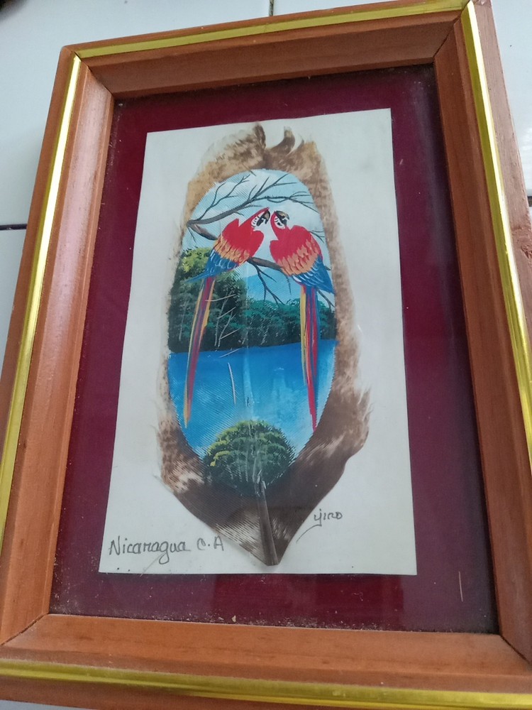 Vintage Beautiful Framed Two PARROTS Hand Painted Signed
