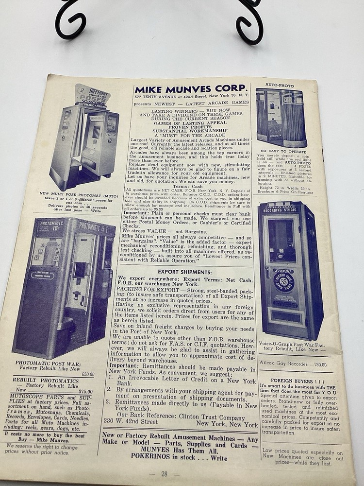 1955 Mike Munves Arcade Catalog & Original Operator Inserts-Complete Lot