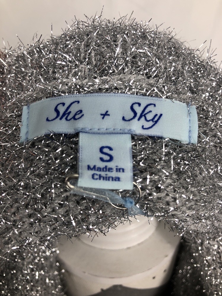 She + sky Gray Silver Tinsel Oversized Short Sleeve Sweater Small NWT