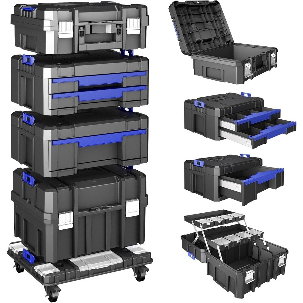 4 Tier Stackable Rolling Tool Box with Wheels, Modular Organizer Drawers,