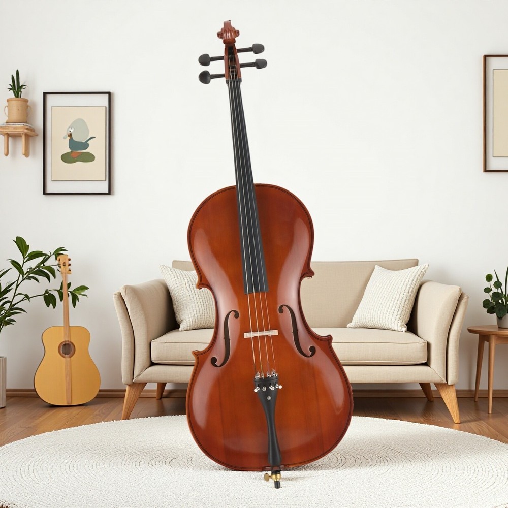 4/4 Full Size Solid Spruce Top Beginner Acoustic Cello Set - Bag Natural Bow