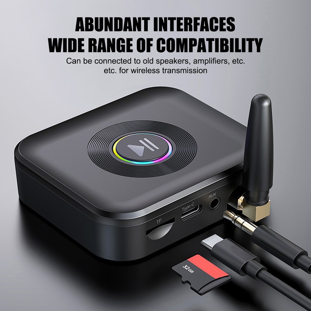 ​Wireless Bluetooth 5.1 Audio Receiver Adapter AUX 50ft Range TF Card LED Light​