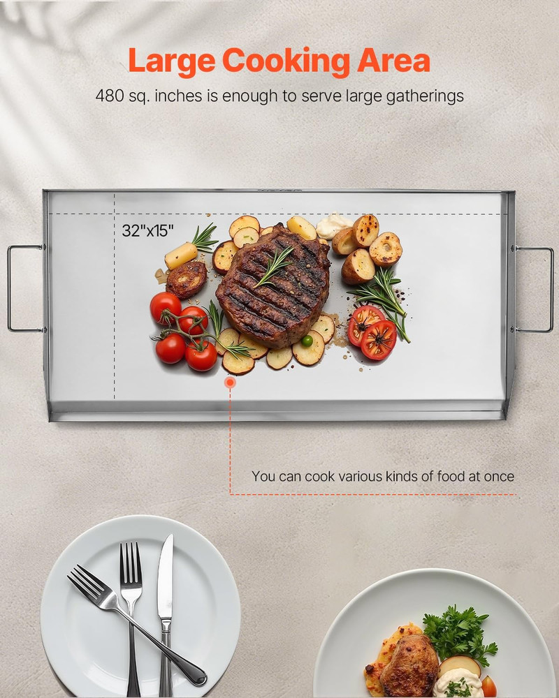 Stainless Steel Griddle, 32X16 Inch Universal Flat Top Rectangular Plate, Gas Gr